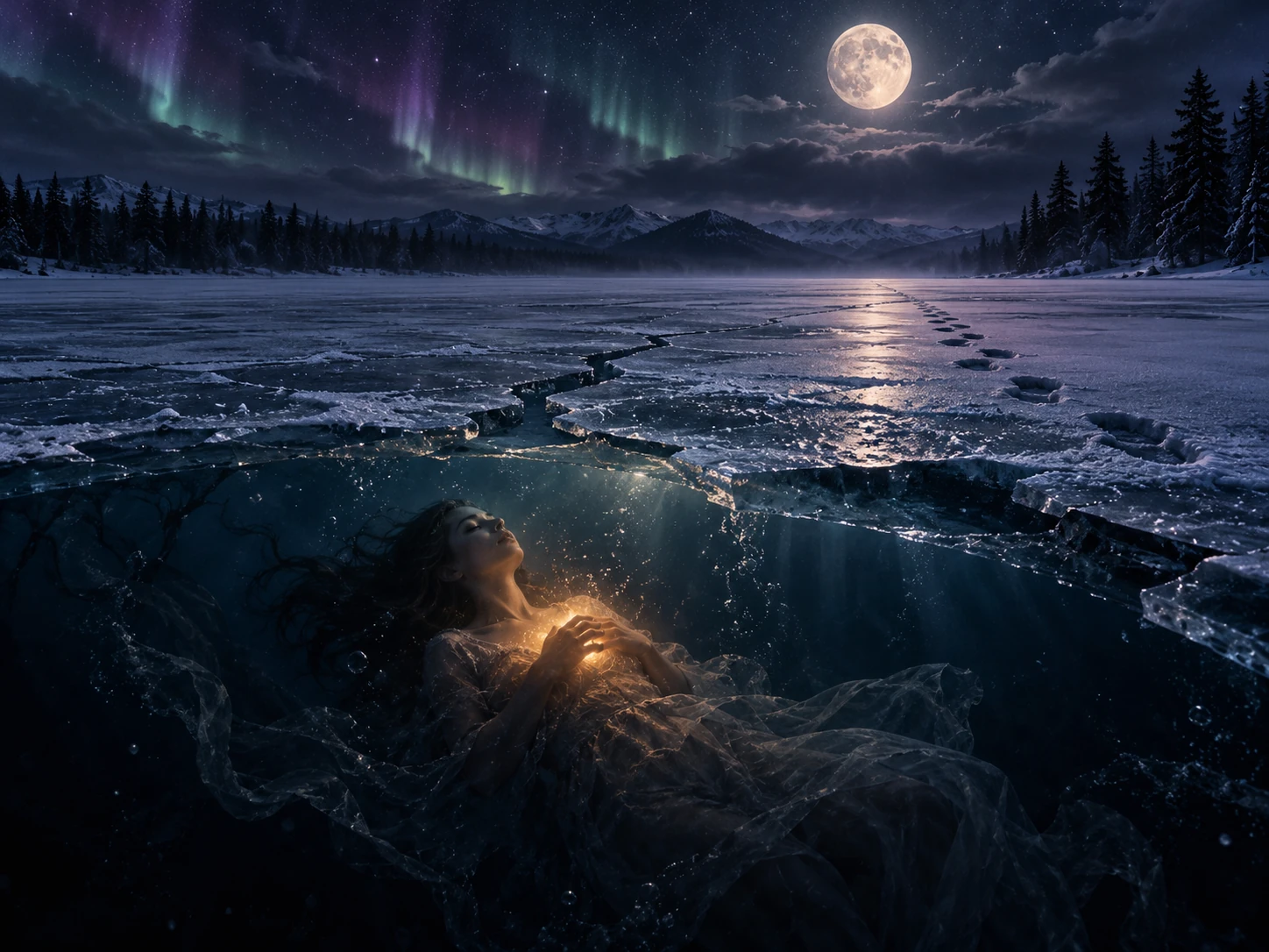 A moonlit frozen lake seen through a break in the ice, with a softly glowing figure beneath the water