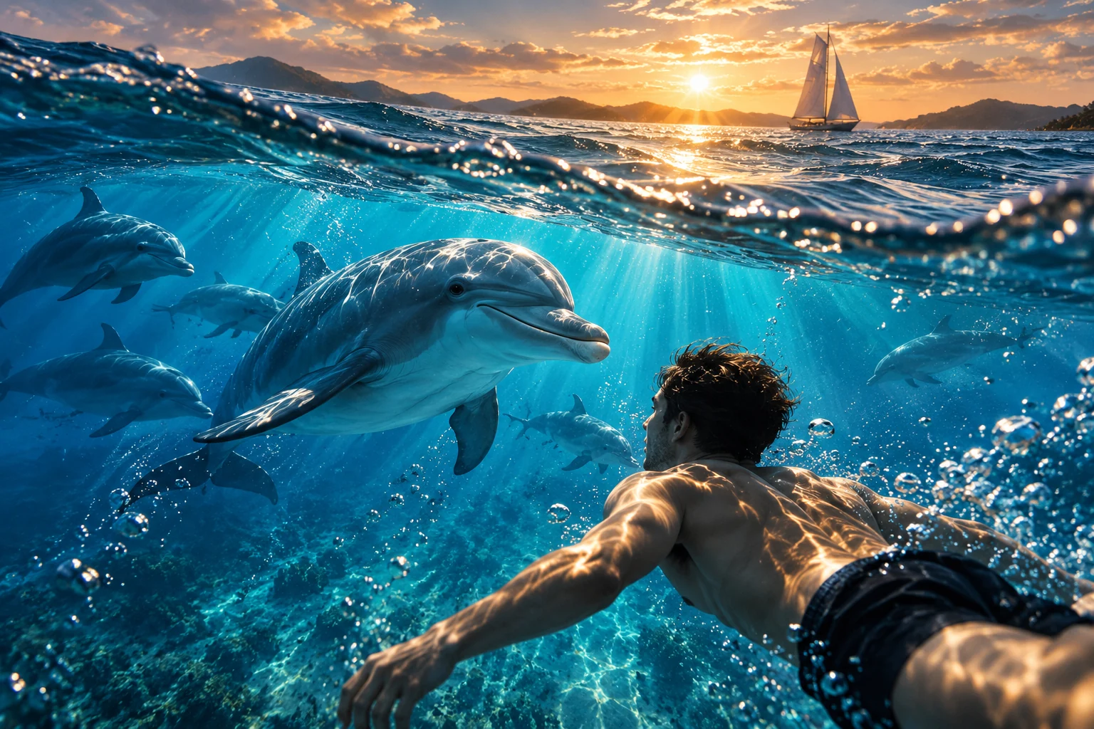 Underwater view beside a swimmer and a group of dolphins, with golden light filtering through the ocean surface