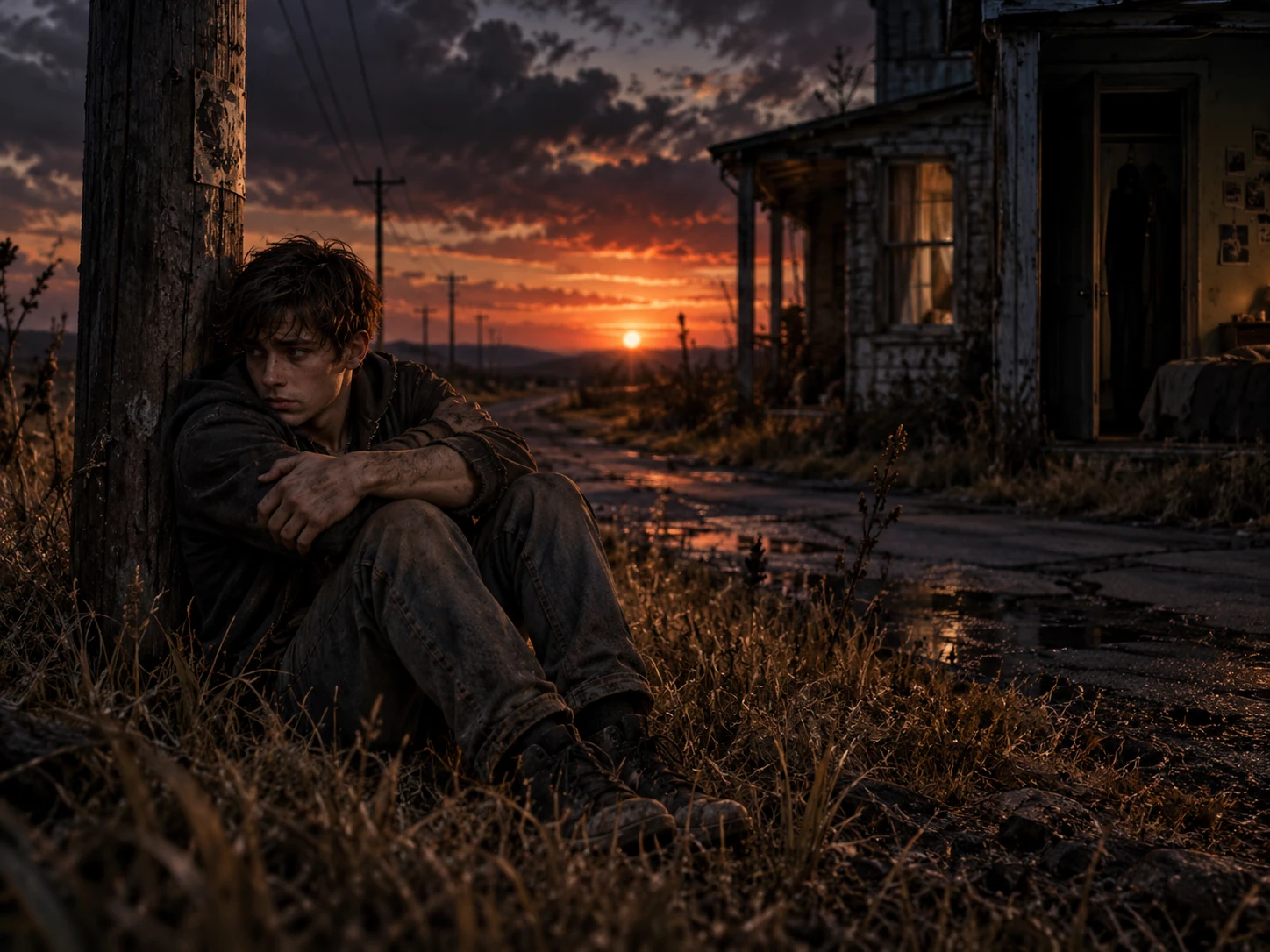 A solitary young man sitting in the grass beside a utility pole at dusk, with a worn house behind him and a road leading away