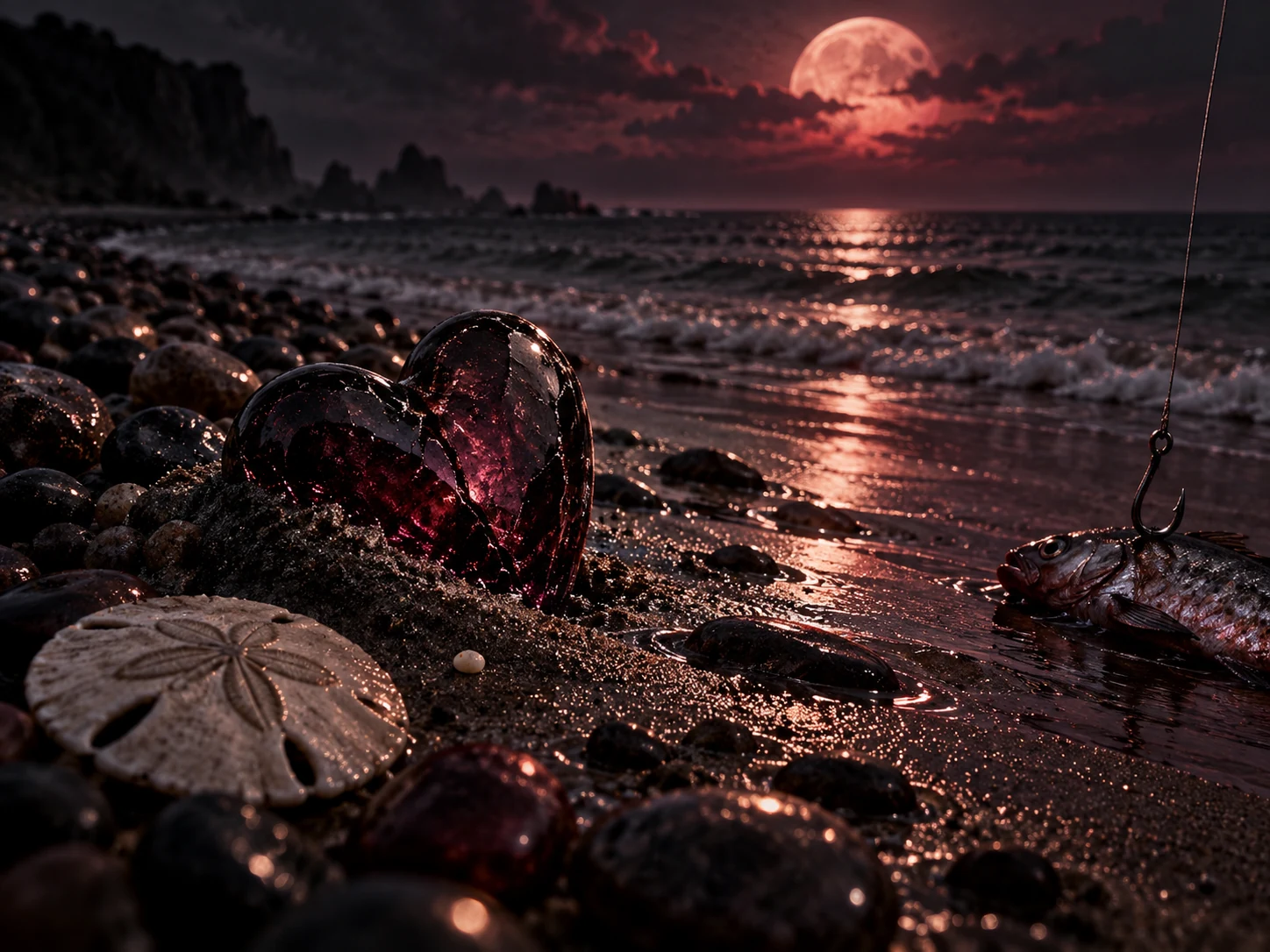 A shattered crimson heart on a moonlit shoreline beside a sand dollar and a hooked fish