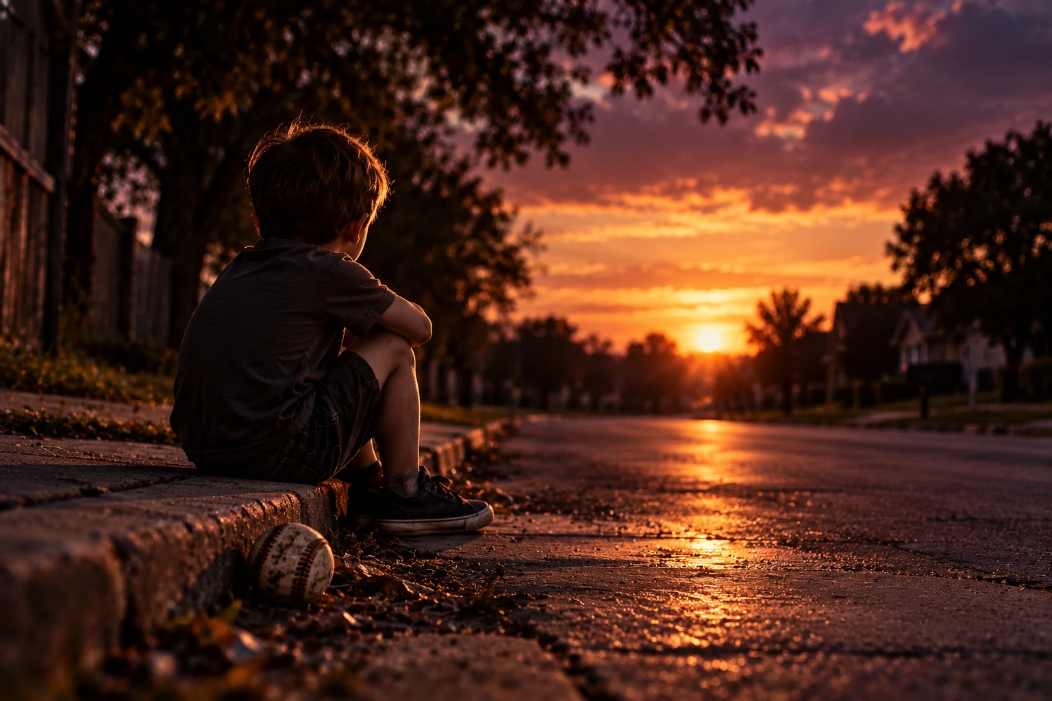 A boy sits alone beside a deserted street at sunset, with a baseball near the curb and a warm horizon beyond