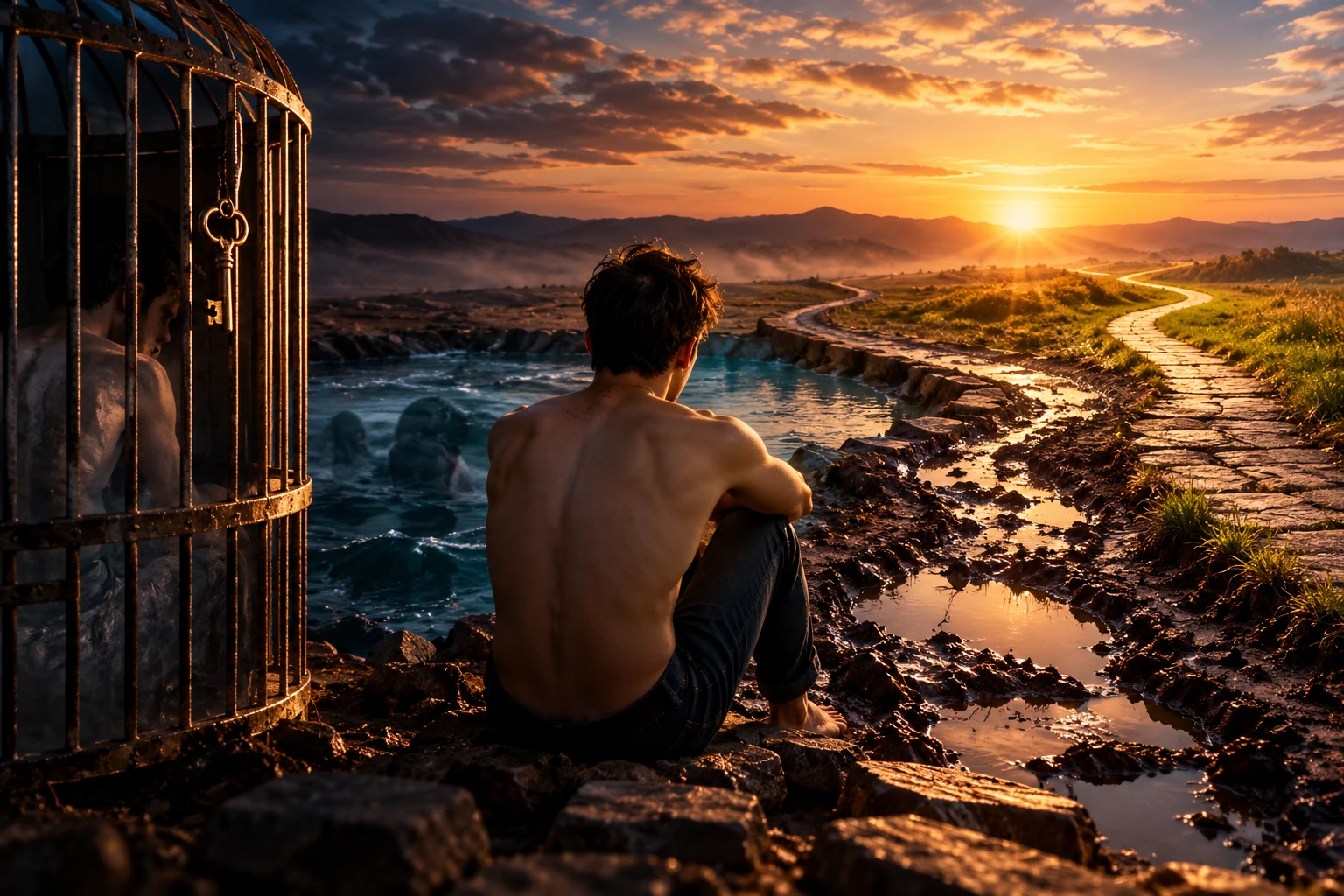 A solitary figure beside a rusted cage looking toward a winding, sunlit path