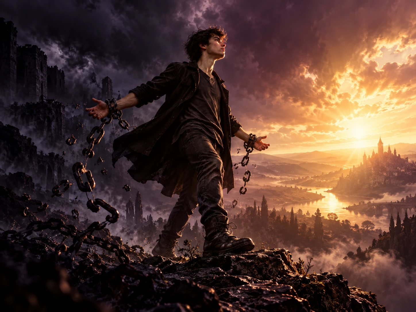 A teenager breaking free from iron shackles on a rocky path, leaving dark storm clouds behind and walking toward sunrise